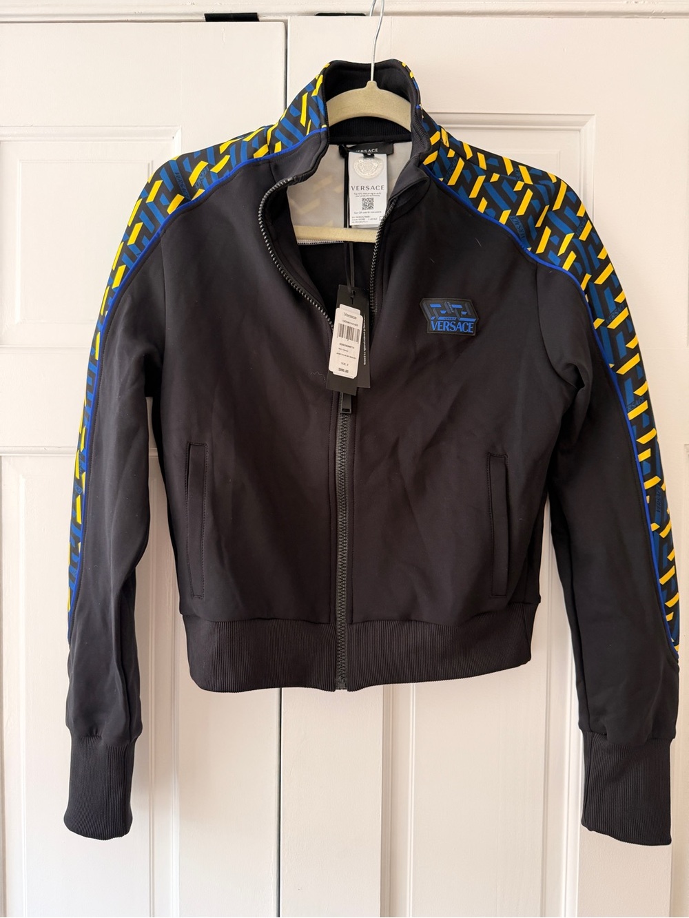 Versace Women’s Black Track Jacket with Blue & Yellow Trim